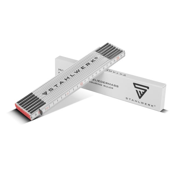 Stahlwerk Gliedermassstab mit Millimeter- und Zentimeterskala, Stahlwerk Logo und Verpackung.