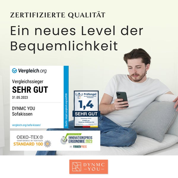 DYNMC you Sofakissen mit Füllung und Bezug - 2er Set 40x70cm mit Viel Füllung - VERGLEICHSSIEGER SEHR GUT - Rückenkissen mit Oeko TEX Baumwoll-Bezug - Bequeme Dekokissen - Couchkissen Grau