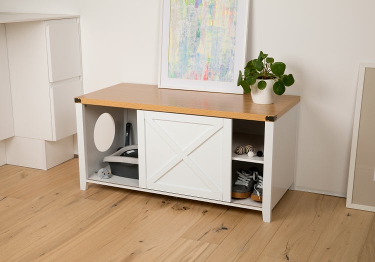 needs&wants® Katzenschrank groß für Katzentoilette XXL aus Holz mit Schuhschrank Sitzkommode, Katzenklo-Schrank Kommode, Design Katzenhaus Toilette Klo, weiß braun