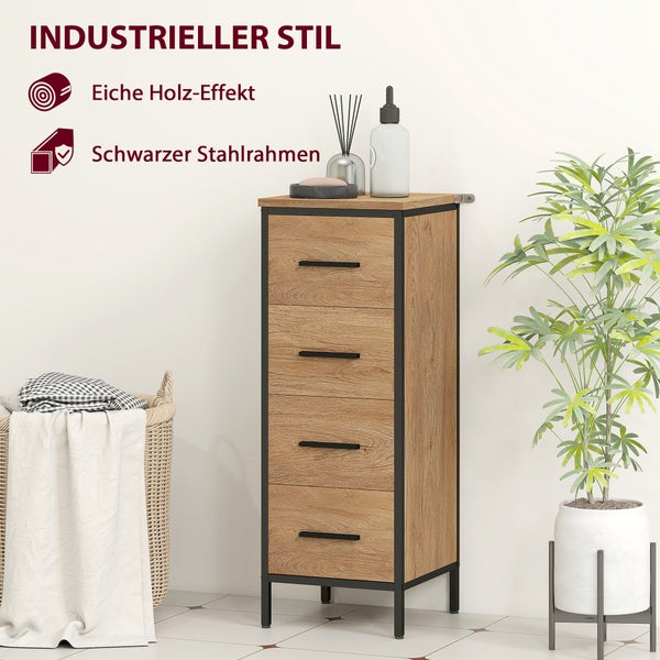 Badezimmerschrank im industriellen Stil mit vier Schubladen in Eichenoptik und einem schwarzen Stahlrahmen.