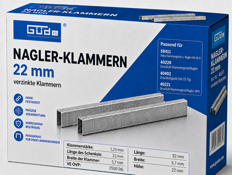 Guede Naglerklammern 22 mm verzinkt im Karton 2500 Stück für Tacker und Nagler