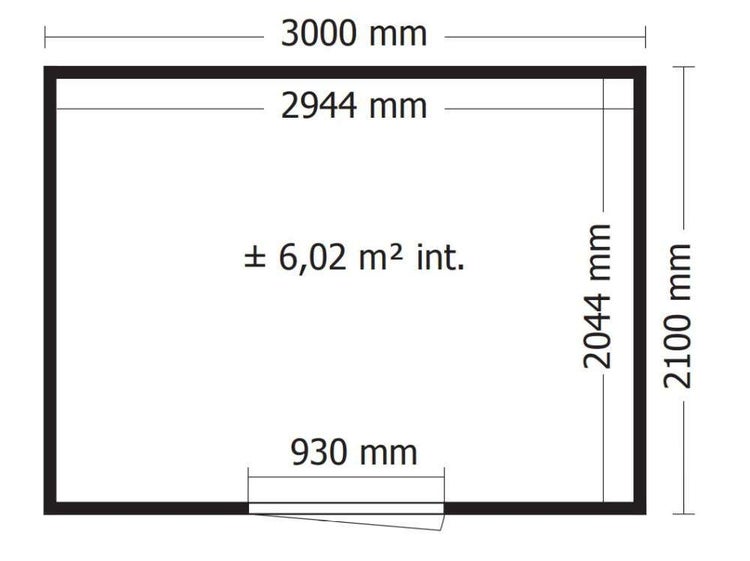 Maßzeichnung: Außen 3000 mal 2100 Millimeter, Innen 2944 mal 2044 Millimeter, Fläche circa 6,02 Quadratmeter, Türbreite 930 Millimeter.