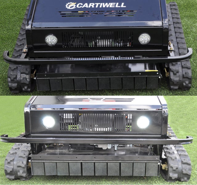 Ferngesteuerter Raupenmäher Cartiwell mit LED-Scheinwerfern und Gummiketten, Vorderansicht mit Licht ein- und ausgeschaltet.