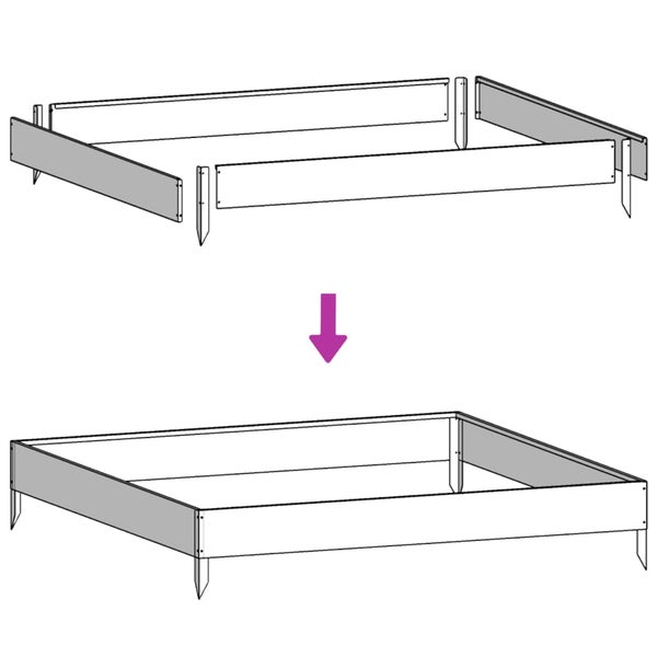 Montagezeichnung einer Beeteinfassung aus Metall mit vier Paneelen und vier Bodenankern.
