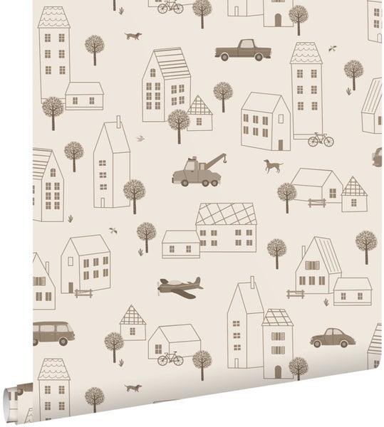 Tapetenrolle mit Stadtmuster, Häusern, Fahrzeugen und Bäumen