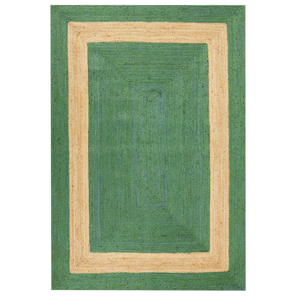 Rechteckiger Jute-Teppich mit grünem Zentrum und naturfarbenem geflochtenem Rand.