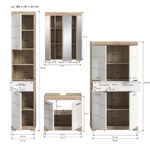 Badezimmermöbel Set in Eichenoptik und Weiß mit Maßangaben in Zentimeter für Hochschrank, Spiegelschrank, Unterschrank und Midischrank.