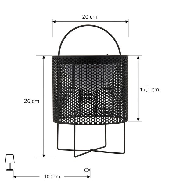 Schwarze Tischleuchte aus Metall mit Lochmuster und Tragegriff. Gesamthöhe 26 Zentimeter, Durchmesser 20 Zentimeter, Kabellänge 100 Zentimeter.