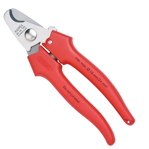 Knipex Kabelschere aus rostfreiem Stahl mit roten Kunststoffgriffen für Kabel bis zu 10 Millimeter Durchmesser.