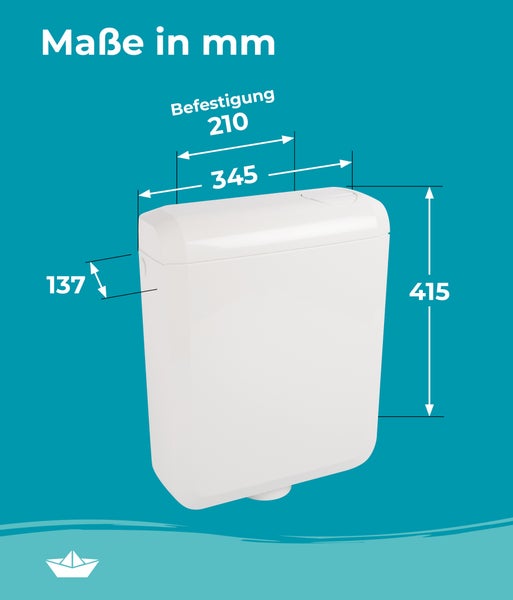 Maßzeichnung eines weißen WC Spülkastens mit Angaben in Millimeter für Wandmontage und Befestigungsabstand.