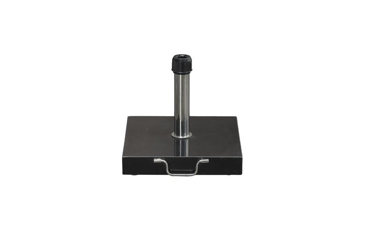 Quadratischer Sonnenschirmständer aus Granit mit Edelstahlrohr und Tragegriff.