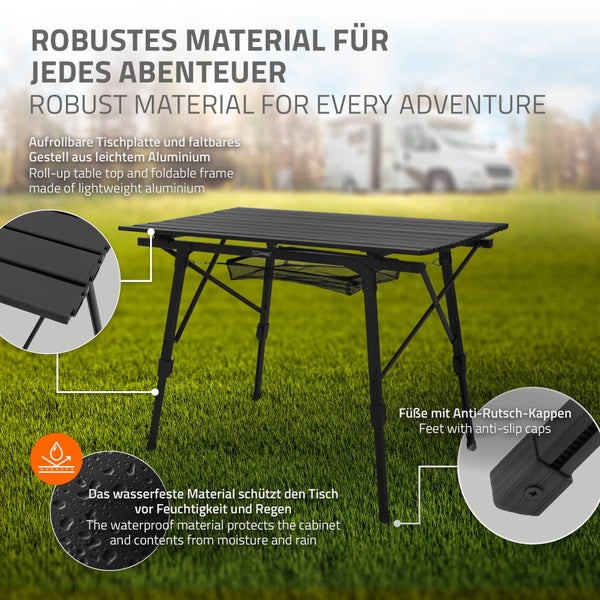ML-Design Campingtisch faltbar Schwarz, 90x51,5cm, Aluminium Klapptisch höhenverstellbar 46-66,5 cm, Belastbarkeit 30kg, Aufrollbare Tischplatte, Falttisch klappbar, Gartentisch Balkontisch Reisetisch