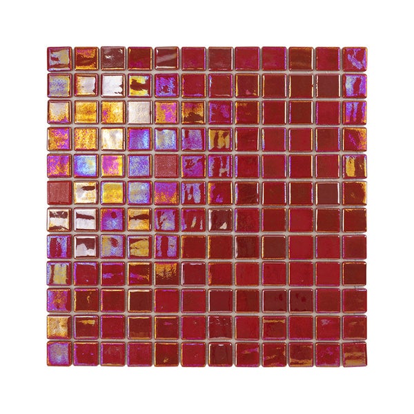 Quadratisches Mosaikfliesennetz aus Glas mit glänzender Oberfläche in verschiedenen Rottönen