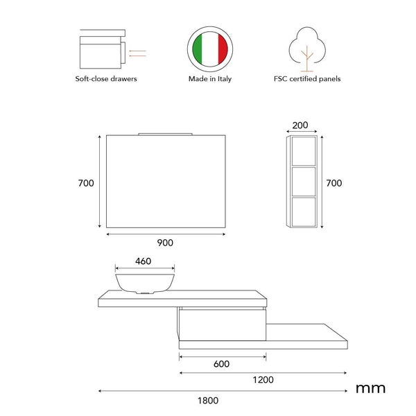 Technische Zeichnung eines Badezimmermöbel Sets mit Soft-Close Schubladen, hergestellt in Italien und aus FSC zertifizierten Platten.