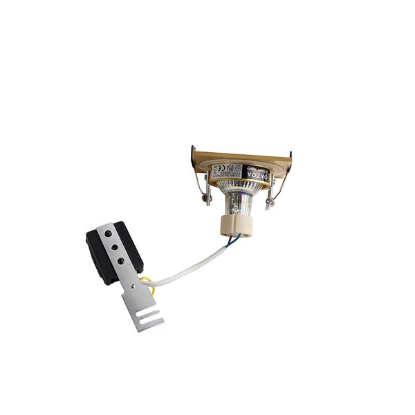 Quadratischer Einbaustrahler mit GU10 Leuchtmittel und Anschlussbox.