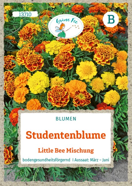 Samentüte Studentenblume Tagetes Little Bee Mischung, Grüne Fee Logo, bodengesundheitsfördernd, Aussaat März bis Juni.