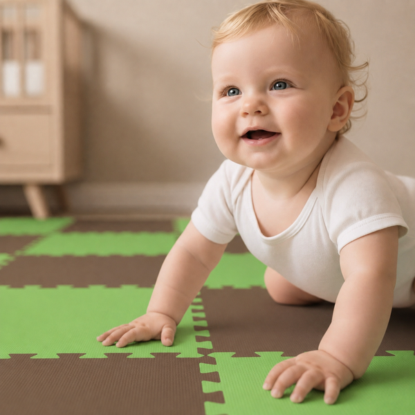 Ein Baby krabbelt auf einer weichen Spielmatte mit ineinandergreifenden Puzzleteilen in einem Kinderzimmer.