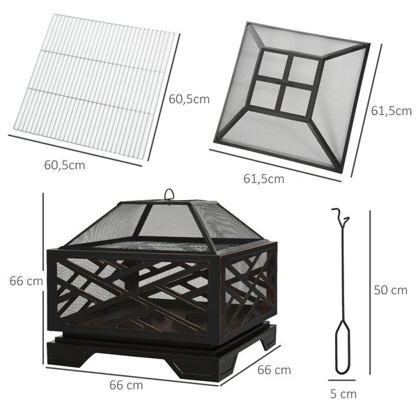Outsunny Feuerschale mit Funkenschutz, mit Grillrost, Schürhaken, 2-in-1 BBQ Grill, für Garten, Balkon, 66 x 66 x 66 cm, Metall, Schwarz