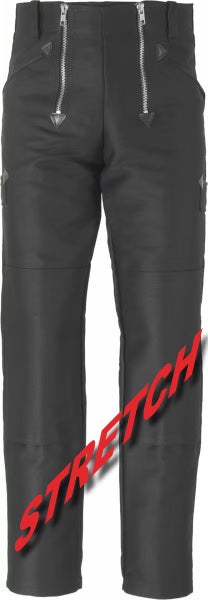 Schwarze Zunfthose aus Stretch-Material mit zwei Reißverschlüssen vorne und Taschen.