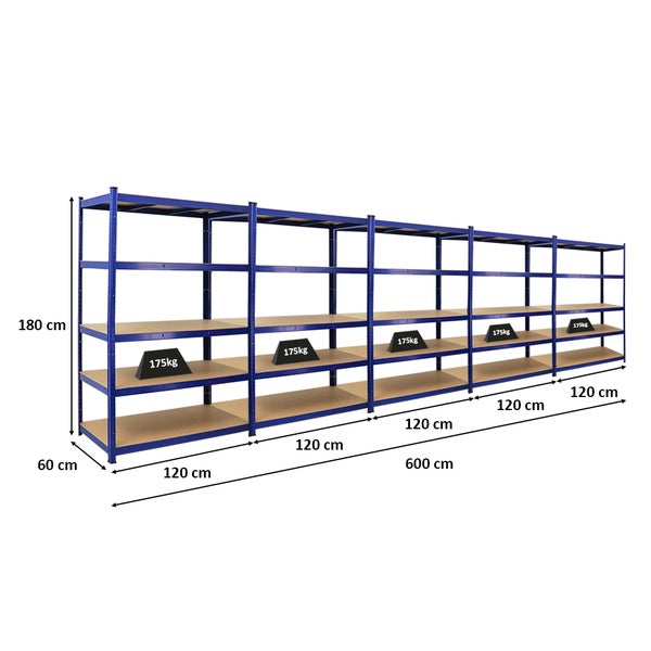 PROREGAL Mega Deal 5x Schwerlastregal Taurus HxBxT 180 x 120 x 60 cm Fachlast 175 kg Blau