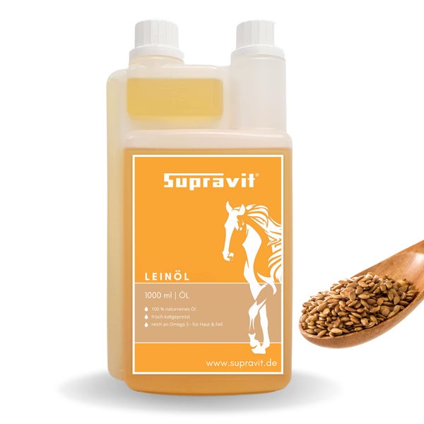 Supravit Leinöl in einer 1000 ml Flasche mit Leinsamen auf einem Löffel