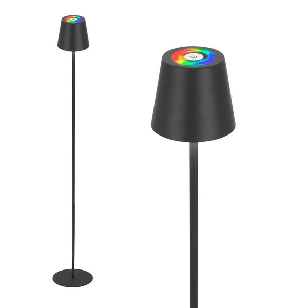 Moderne LED-Stehleuchte aus Metall mit rundem Lampenschirm und integriertem RGB-Touch-Farbrad an der Oberseite.