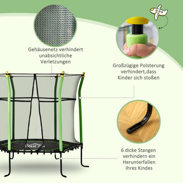 HOMCOM Kindertrampolin, Gartentrampolin mit Sicherheitsnetz, für 3-10 Jahre, Ø160 cm, Stahl, Grün