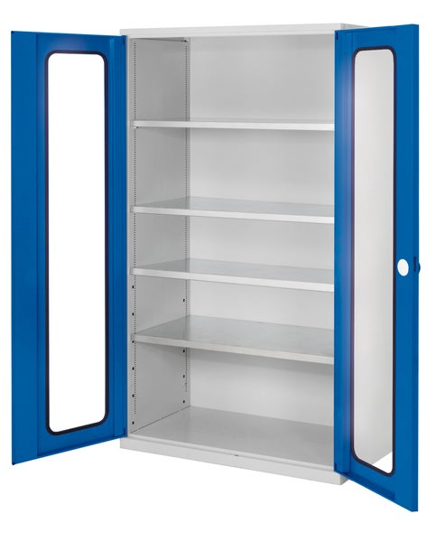 Stahlschrank mit Glastüren und Regalböden