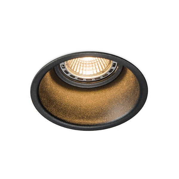 Runder Einbaustrahler in Schwarz mit goldfarbenem Innenreflektor und integriertem LED-Leuchtmittel.