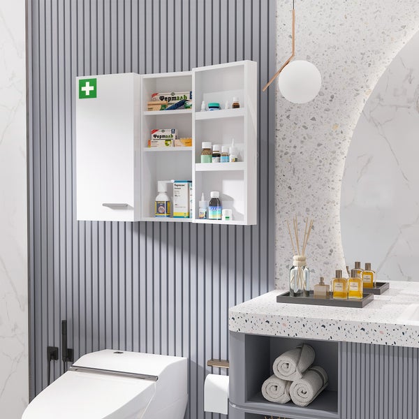 kleankin Medizinschrank, 2-türiger Medikamentenschrank mit 6 Einlegeböden, Apothekerschrank für Wandmontage, Abschließbarer Arzneischrank, Erste Hilfe Schrank, Stahl, Weiß, 55 x 18 x 60 cm