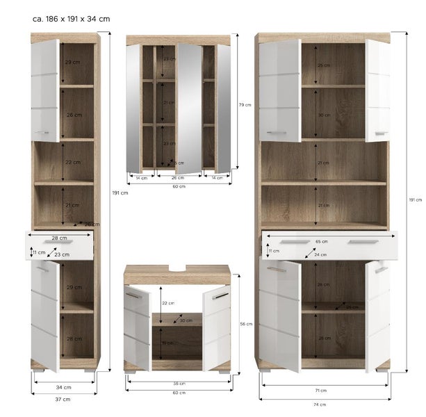 Maßzeichnung eines Badezimmermöbel Sets in Holzoptik mit Maßangaben in Zentimeter für Hochschrank, Spiegelschrank, Waschbeckenunterschrank und Midischrank.