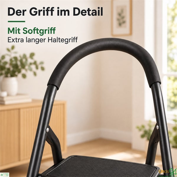 Detailansicht des extra langen Haltegriffs einer Haushaltsleiter mit Softgriff für besseren Halt und Komfort.