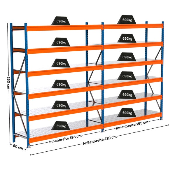 Stabiles Lagerregal mit fünf Ebenen und einer Traglast von 690 Kilogramm pro Ebene
