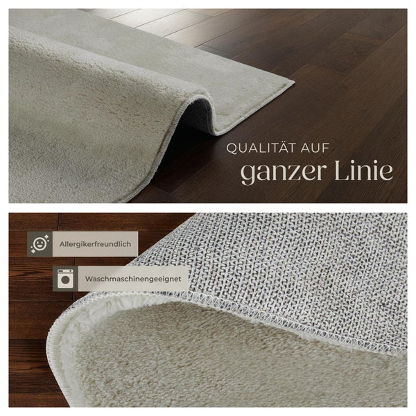 Hochfloriger Teppich auf dunklem Holzboden, weiche Textur, rutschhemmende Rückseite, allergikerfreundlich und waschmaschinengeeignet.