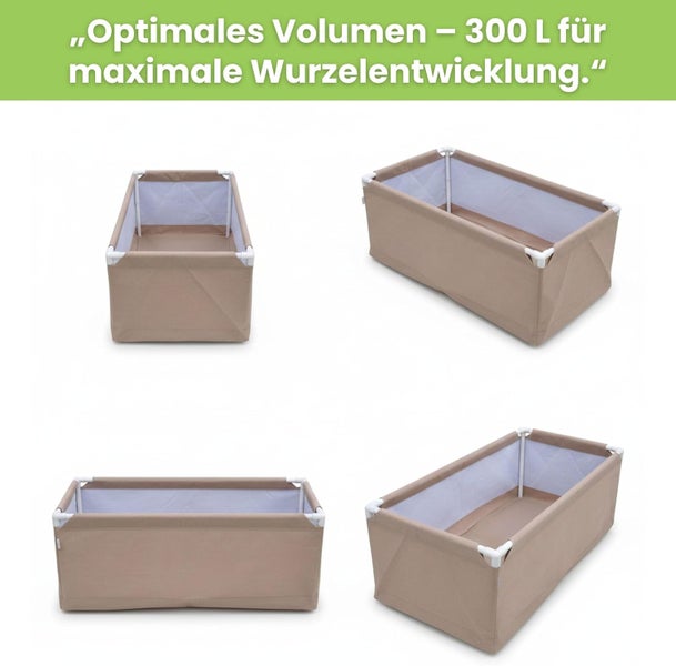 Vier Ansichten eines beigen Pflanzkastens mit einem Volumen von 300 Litern zur maximalen Wurzelentwicklung