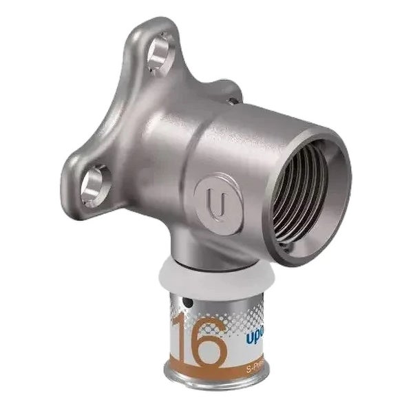 Uponor Wandscheibe aus Metall für Pressverbindungen, 16 Millimeter Anschluss mit Innengewinde und Befestigungsflansch.
