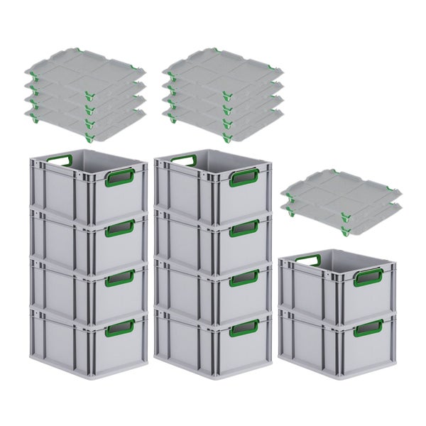 PROREGAL Spar Set 10x Eurobox Nextgen Color Mit Auflagedeckel & Schiebeschnappverschlüsse HxBxT 22 x 30 x 40 cm Griffe Grün Offen Glatter Boden