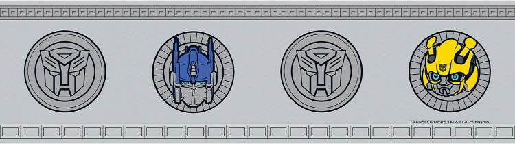 Tapetenbordüre mit Transformers Motiven, Optimus Prime, Bumblebee und Autobot Symbol.
