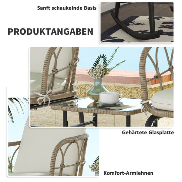 Detailansicht Gartenmöbel-Set mit Schaukelstuhl-Kufen, Beistelltisch mit gehärteter Glasplatte und komfortablen Armlehnen aus Geflecht.