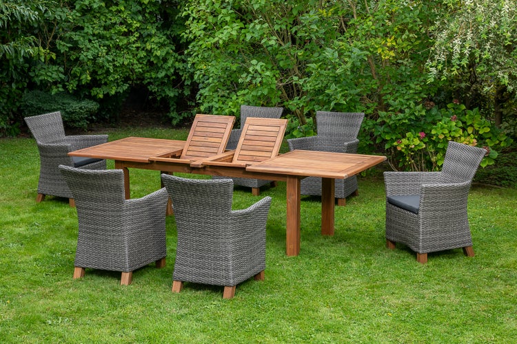 Toskana Gartenmöbelset 7tlg., Gartensessel inkl. Auflagen, Doppelausziehtisch 180 (220/260) x 100 cm, grau