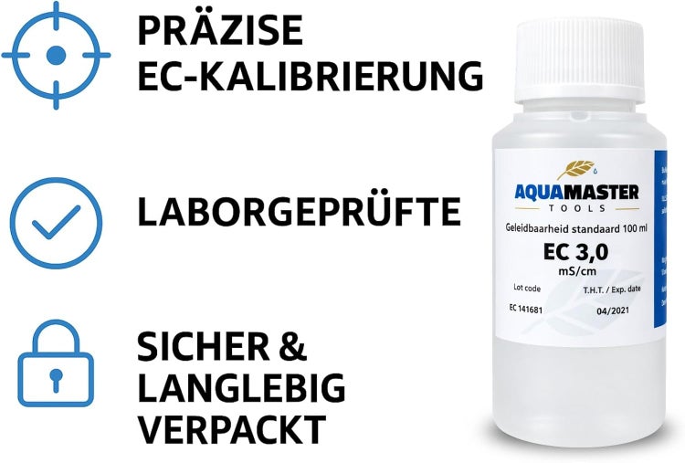 Aquamaster Tools EC 3,0 Leitfähigkeitsstandard 100 ml für präzise EC-Kalibrierung, laborgeprüft und sicher verpackt.