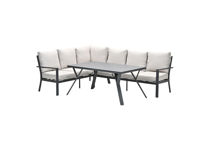 Garten-Lounge-Set bestehend aus grauem Ecksofa mit Polstern und einem rechteckigen Esstisch aus Metall.