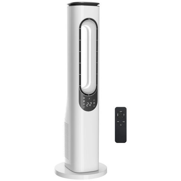 Turmventilator ohne Flügel mit digitaler Anzeige und Fernbedienung.