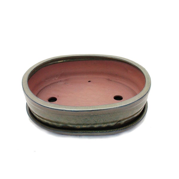 Bonsai-Schale mit Unterteller Gr. 5 - Oliv-Braun - oval - Modell O7 - L 31cm - B 24cm - H 7,5 cm