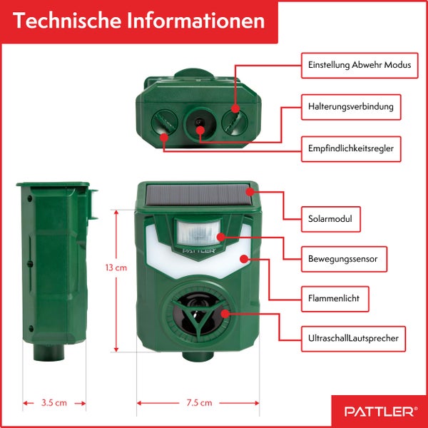 PATTLER® Solar Tierschreck, Marderschreck, Hundeschreck - Bewegungssensor mit 10m Reichweite - Flammenlicht zur Abschreckung - effektiv gegen Hunde, Marder, Füchse und andere Tiere