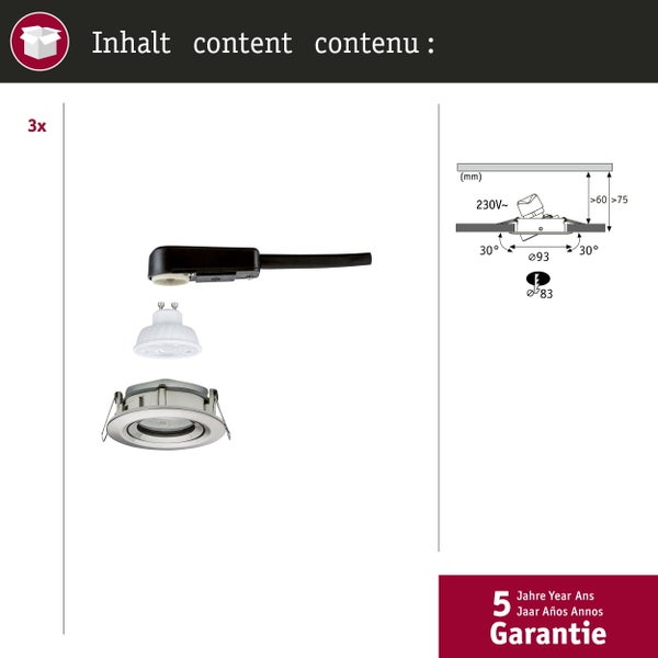 Set aus drei Einbaustrahlern mit Leuchtmittel, Fassung und Einbauring sowie technischer Zeichnung mit Maßen und 5 Jahren Garantie.