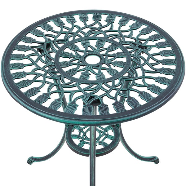 Runder Gartentisch aus Metall mit floralem Muster