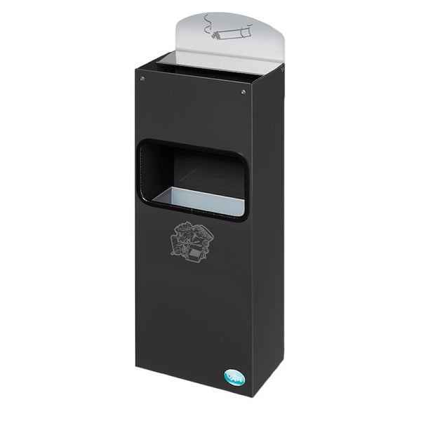VAR Kombiascher aus Metall mit Standaschenbecher oben und Abfallbehälter mit vorderer Öffnung. Mit Zigaretten- und Müllsymbol sowie VAR Logo.