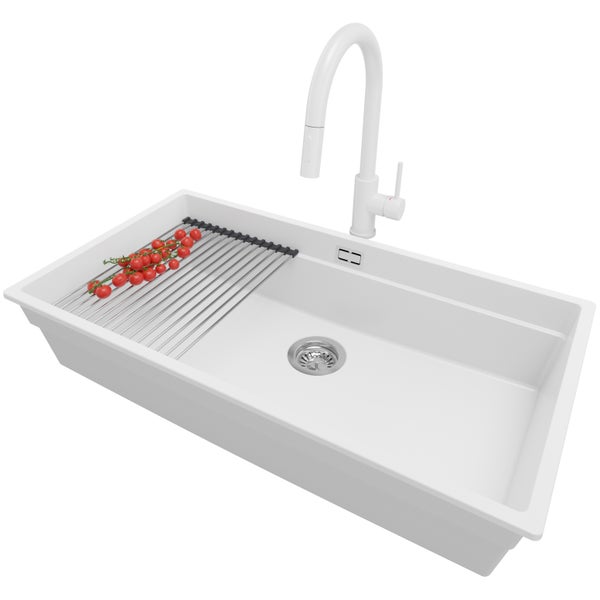PRIMAGRAN Unterbauspüle Granit Weiß 86x47cm, Spülbecken 1 Becken + Küchenarmatur 40x20cm + Ablauf-Set + Aufrollbare Abtropffläche, Granitspüle ab 90er Unterschrank - Praga