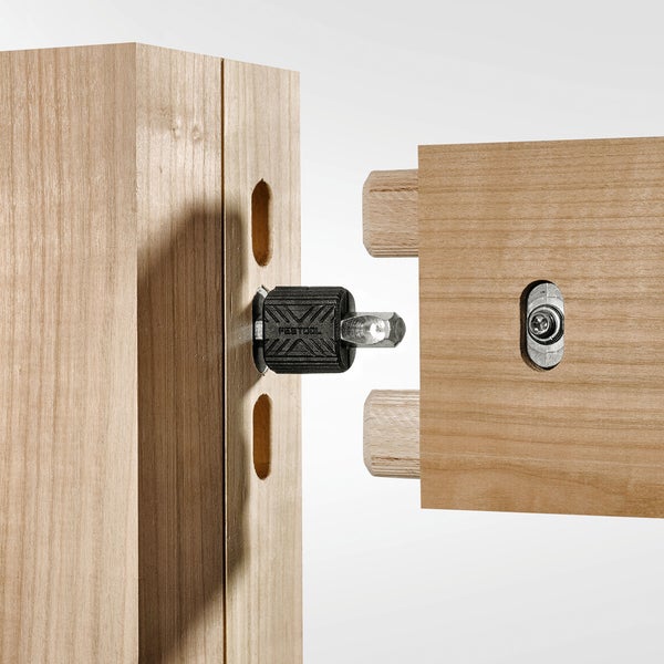 Holzverbindung mit Verbinder und Dübeln für Möbelbau